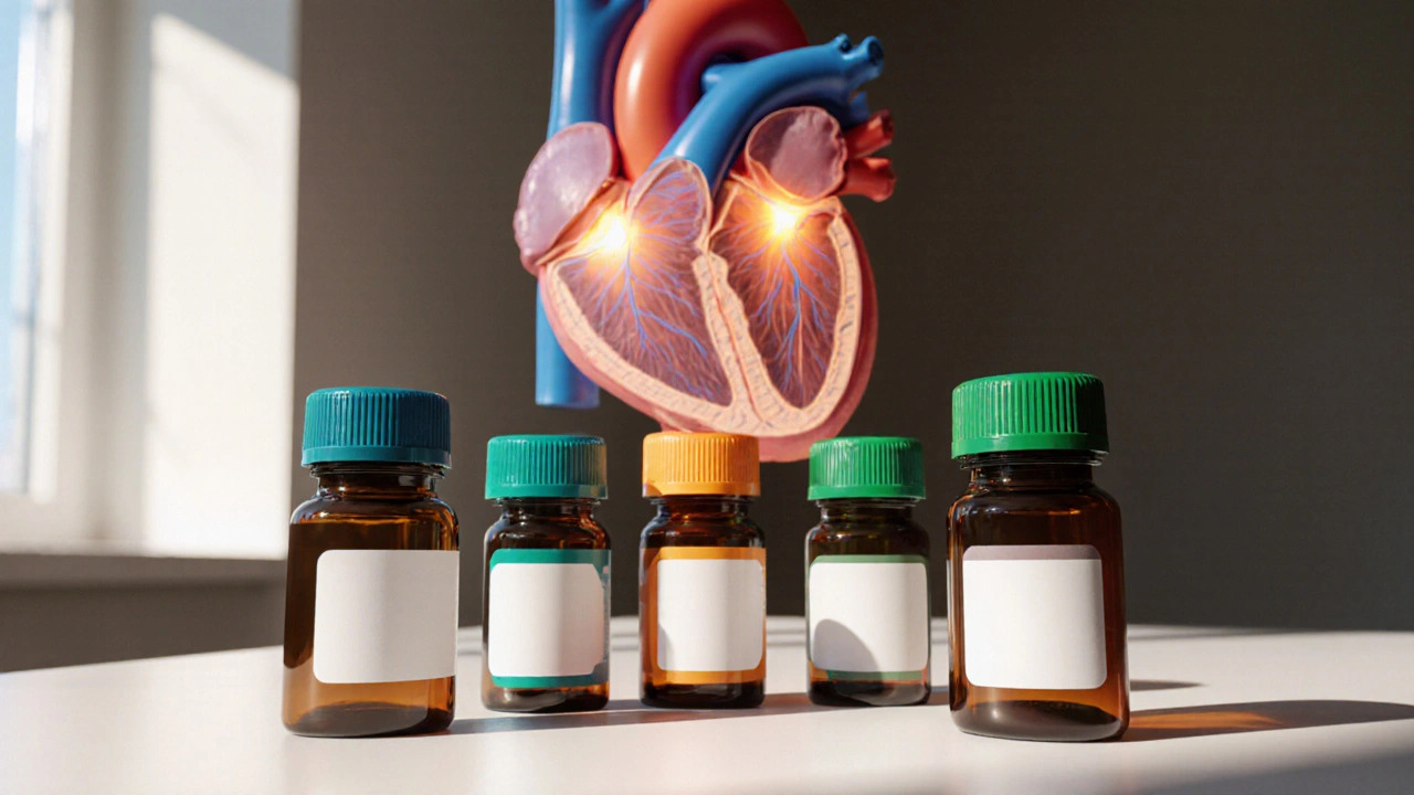 Botellas de anticoagulantes de colores diferentes sobre una encimera junto a un modelo de corazón.