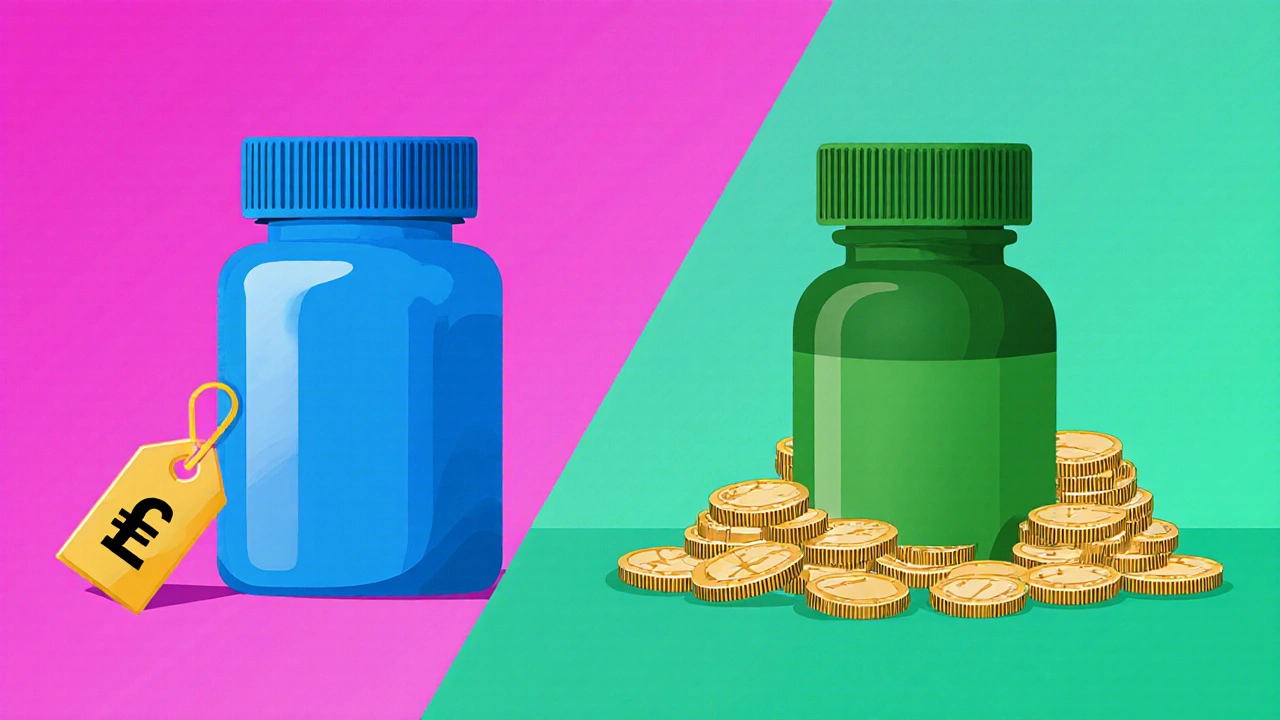 Botellas de comprimidos de marca y genérico comparando precio con monedas.