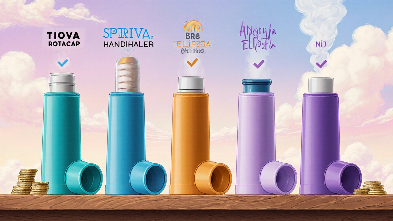 Cuatro inhaladores (Tiova, Spiriva, Anoro, Breo) mostrados sobre una mesa con sus diseños.