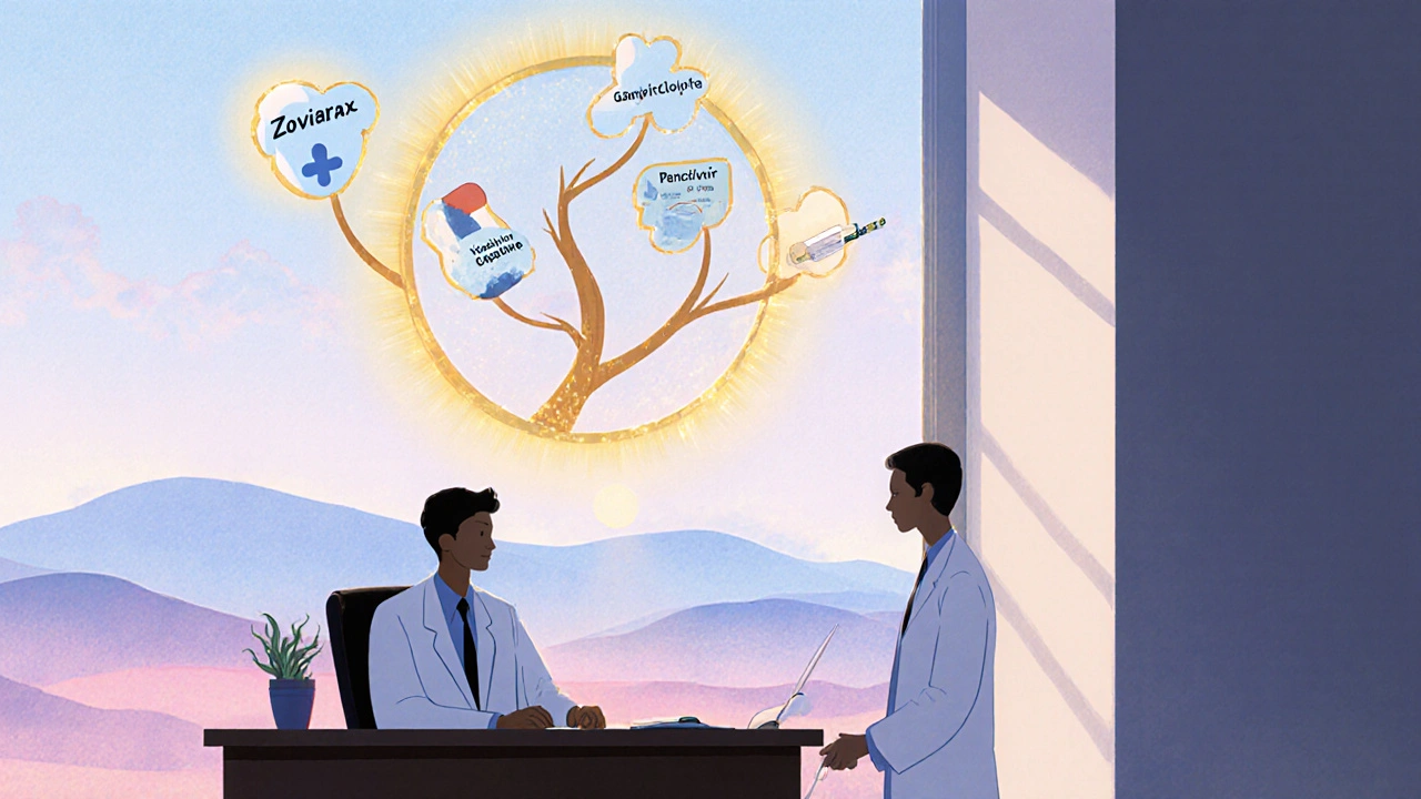 Doctor y paciente frente a árbol de decisiones con ramos que representan diferentes antivirales.