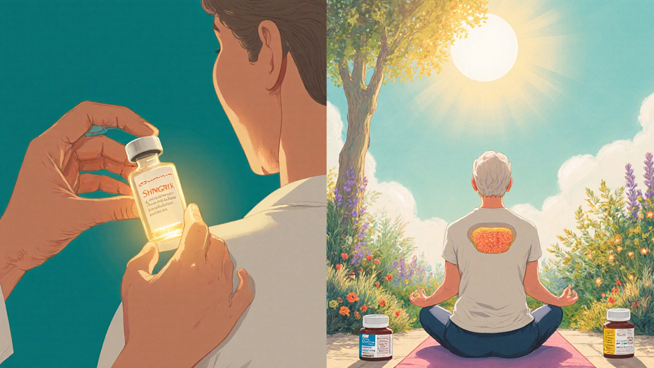 Escena de prevención y tratamiento: vacunación, antivirales y ejercicio para adultos mayores.