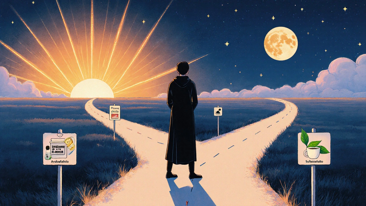 Figura elige entre diferentes opciones de fármacos en cruce de caminos.