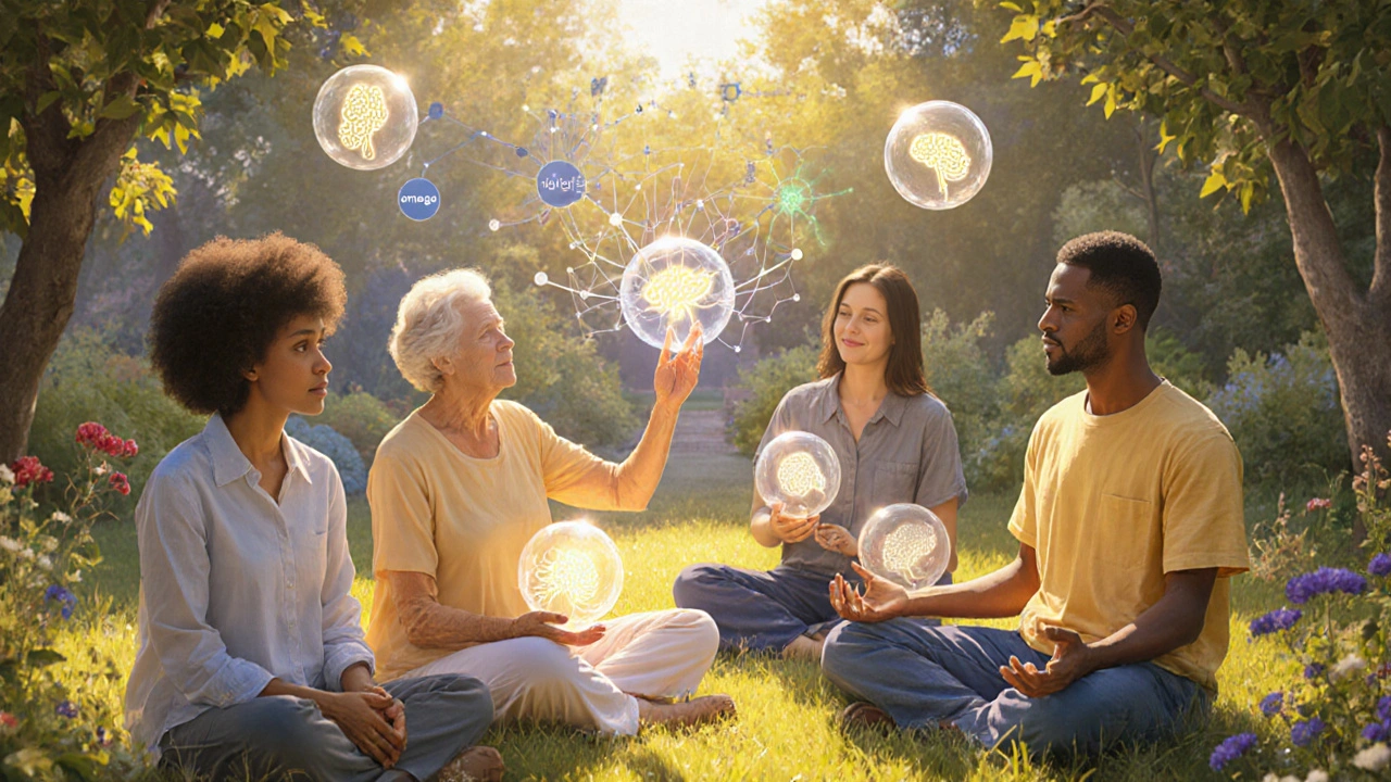 Grupo diverso de adultos en un jardín iluminado, con orbes que representan salud cognitiva y moléculas antiinflamatorias flotando.