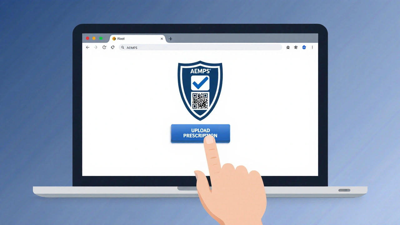Ilustración de una laptop con sello de certificación AEMPS y botón de subir receta.
