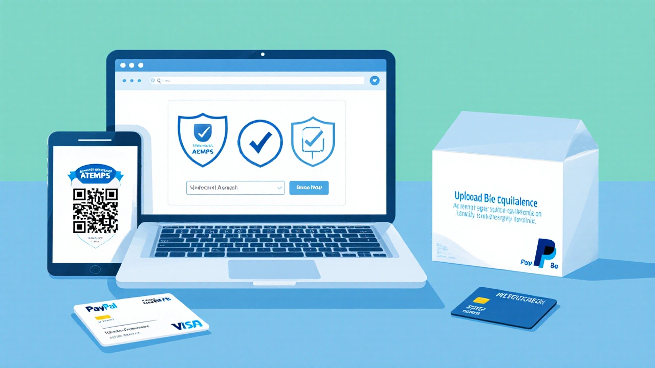 Ilustración del proceso seguro de compra online: laptop, escudo de certificación y caja con número de lote.