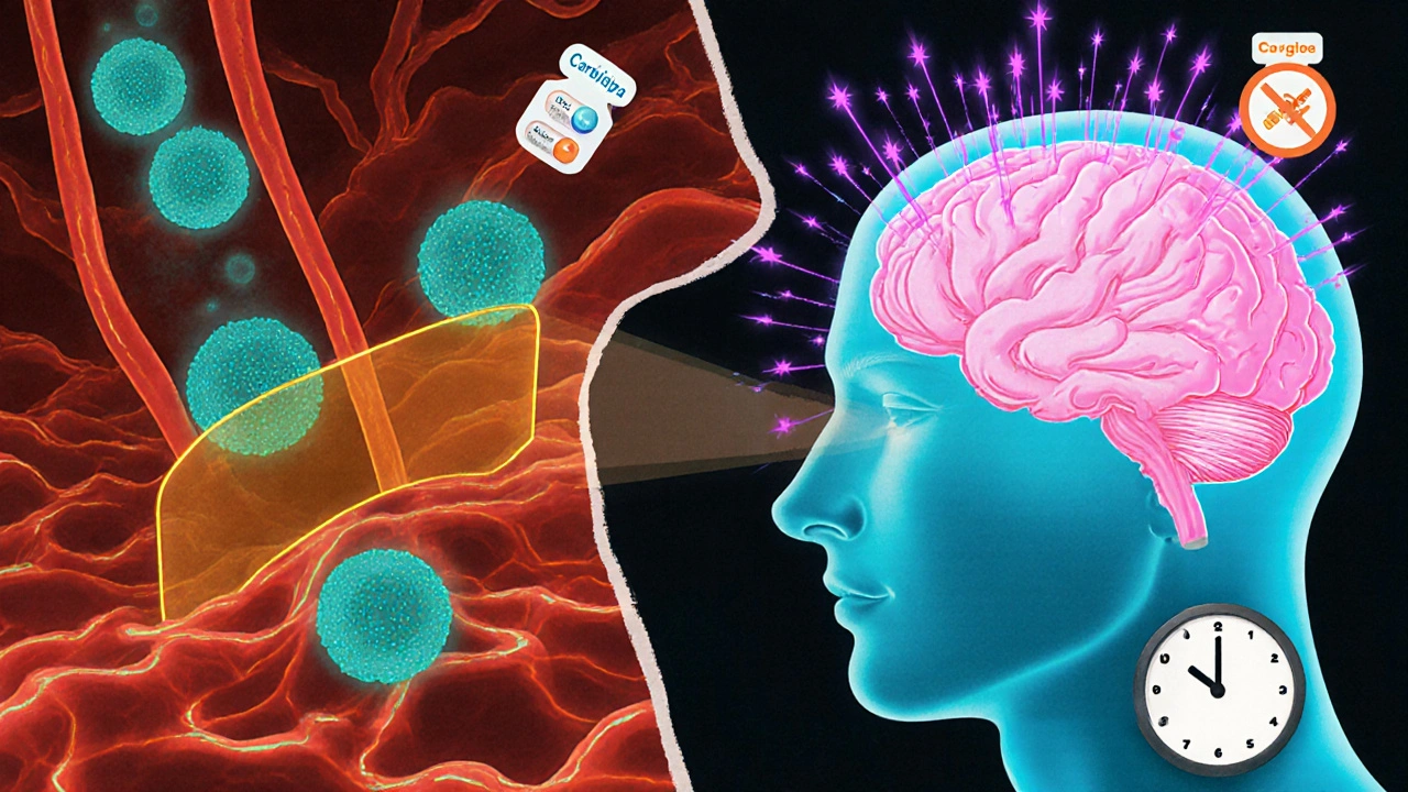 Ilustración que muestra levodopa cruzando sangre, Carbidopa bloqueando enzima y aumento de dopamina en el cerebro, con varios fármacos alrededor.