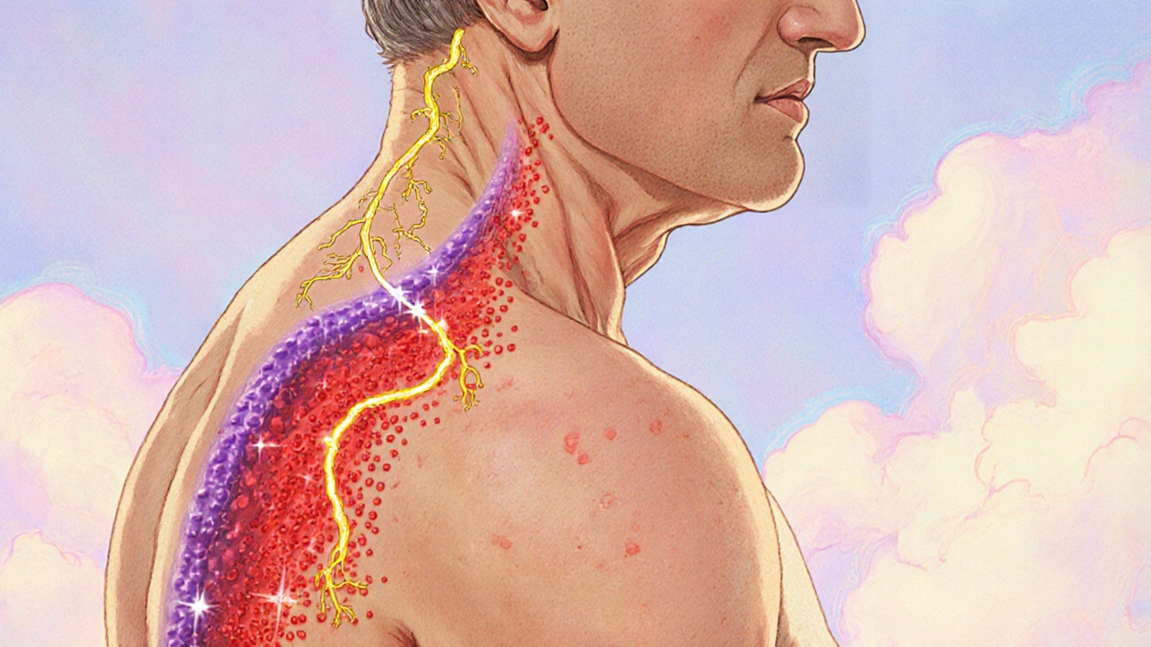 Imagen del dermatoma en forma de banda con vesículas y ruta nerviosa resaltada.