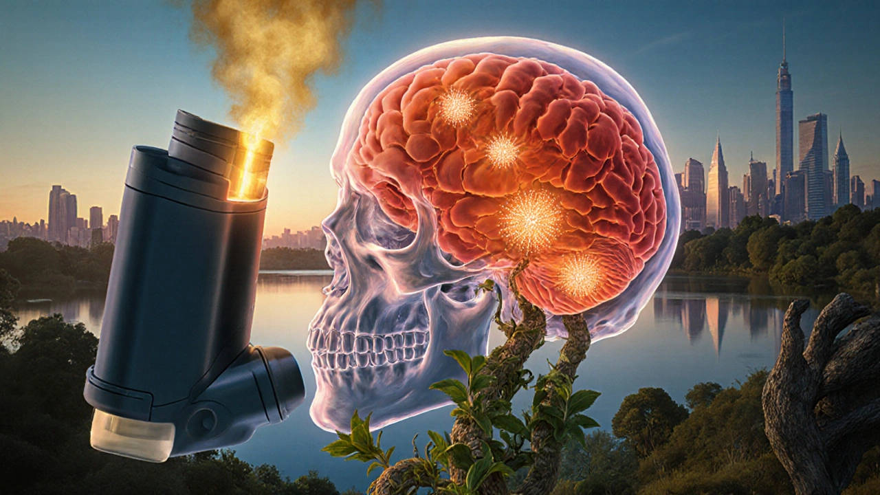 Inhalador luminoso que libera niebla dorada hacia un cráneo transparente con microglías calmadas y plantas de galanthus.