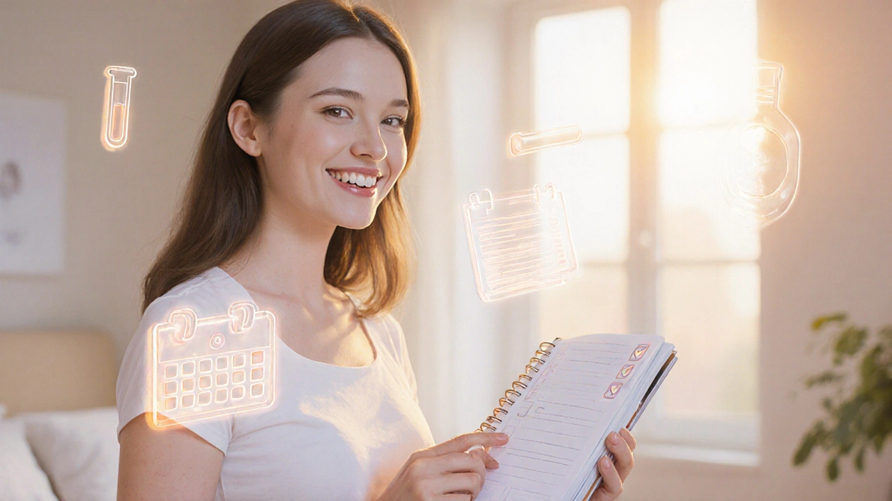 Joven con piel clara sonriendo bajo luz cálida, rodeada de calendario y tubos de análisis.