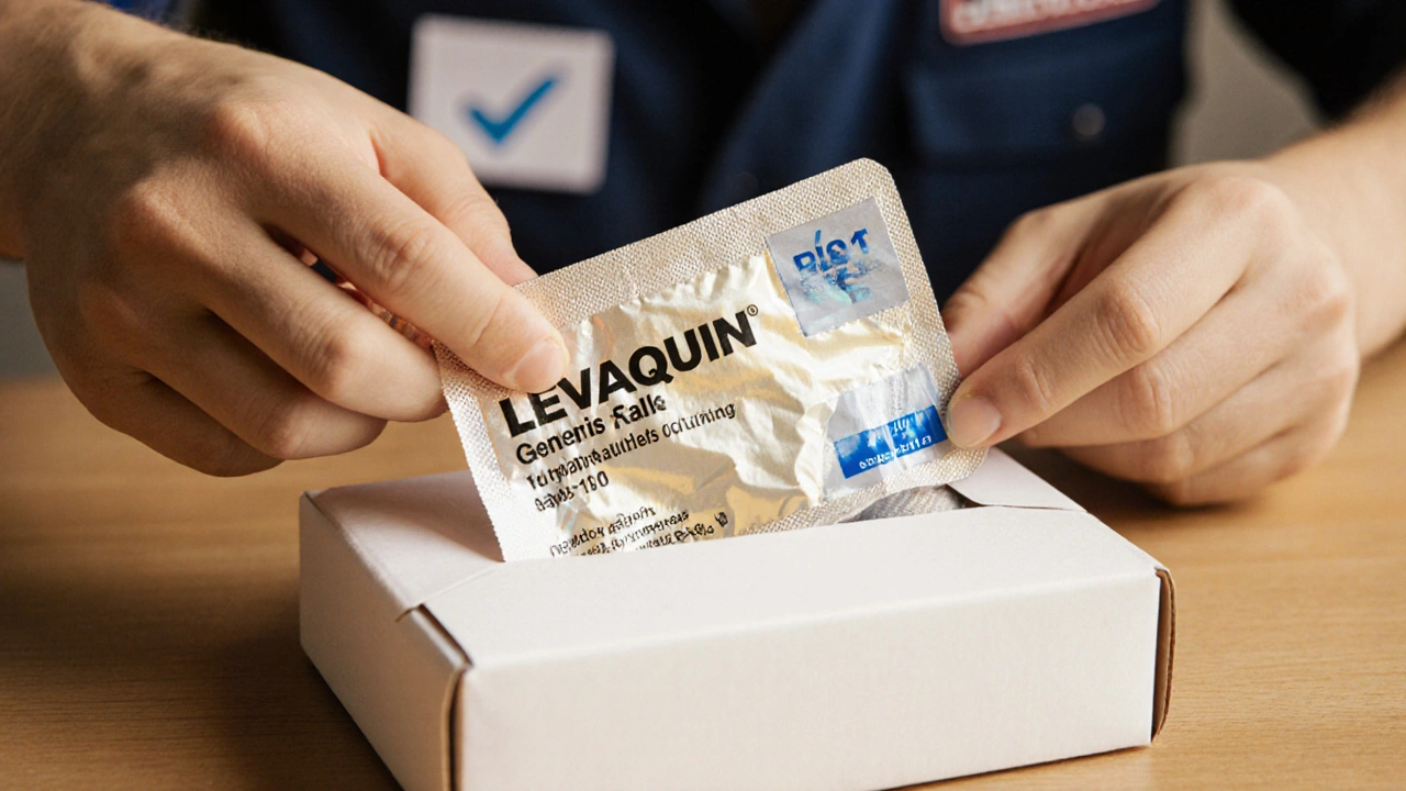 Mano inspeccionando caja de Levaquin genérico con sello de seguridad y número de lote.