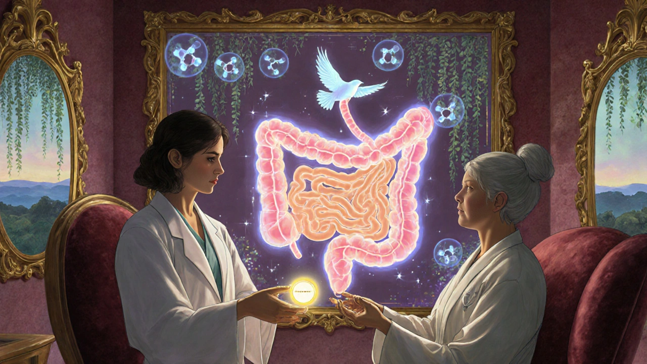 Médico entrega un PAMORA a un paciente mientras su intestino brilla con ritmo saludable, en escena futurista de estilo Maxfield Parrish.