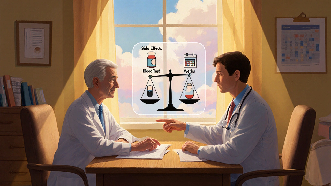 Médico y paciente conversando, rodeados de símbolos de monitoreo y balanza de riesgos.