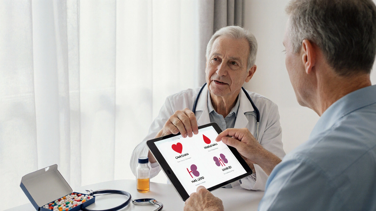 Médico y paciente discuten riesgos usando íconos de corazón, sangre y riñón en la consulta.