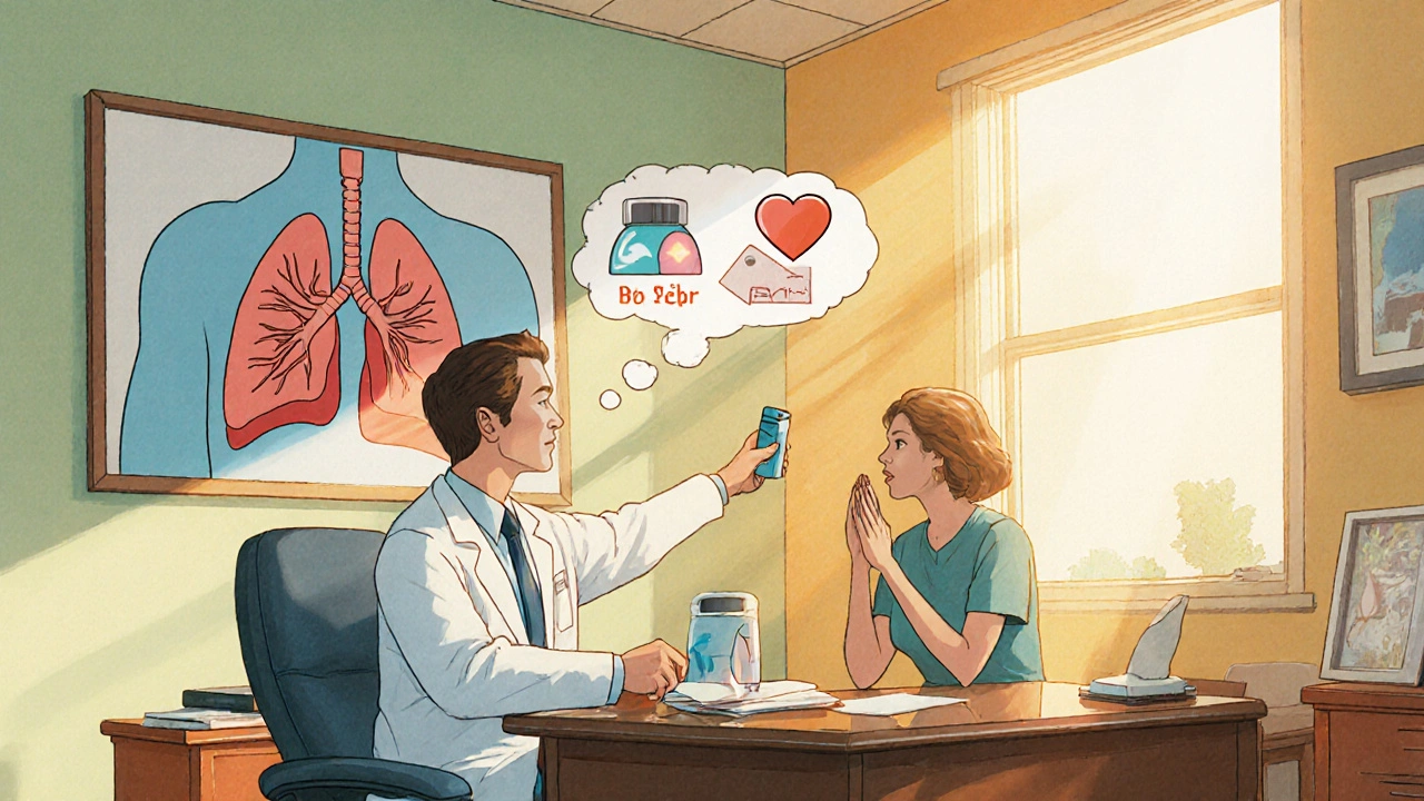 Médico y paciente discutiendo la mejor opción de inhalador frente a pulmones estilizados.