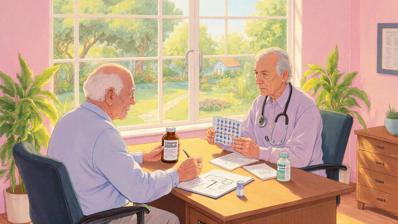 Médico y paciente revisando la dosis, con símbolos de tratamiento como liberación prolongada, antipsicótico y terapia cognitivo‑conductual.