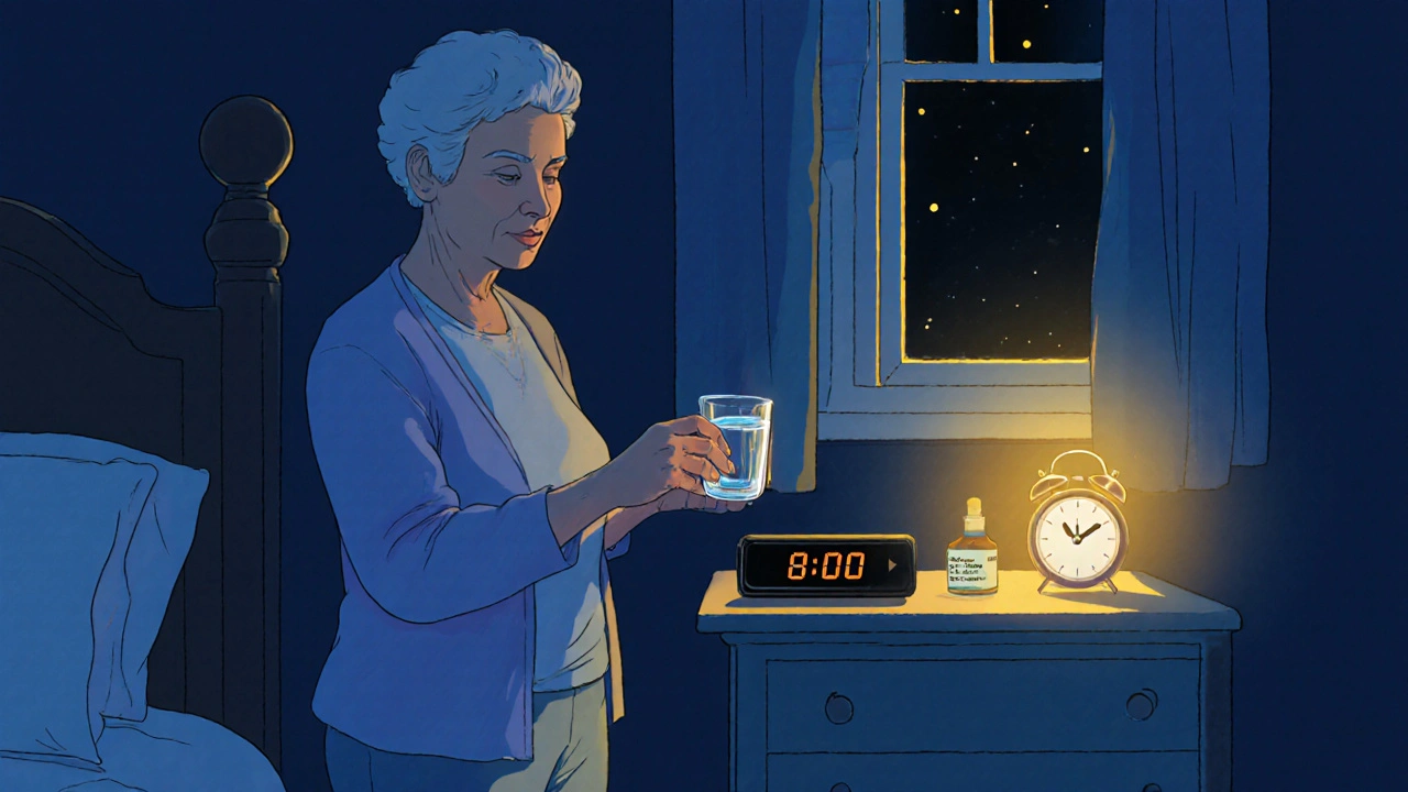 Mujer tomando bisfosfonato con agua, reloj indicando la hora.