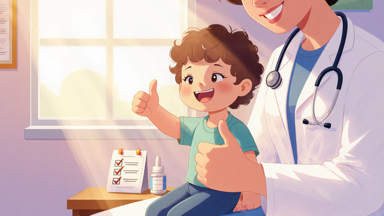 Niño recuperado con ojos claros, sonríe mientras el pediatra aprueba el tratamiento.