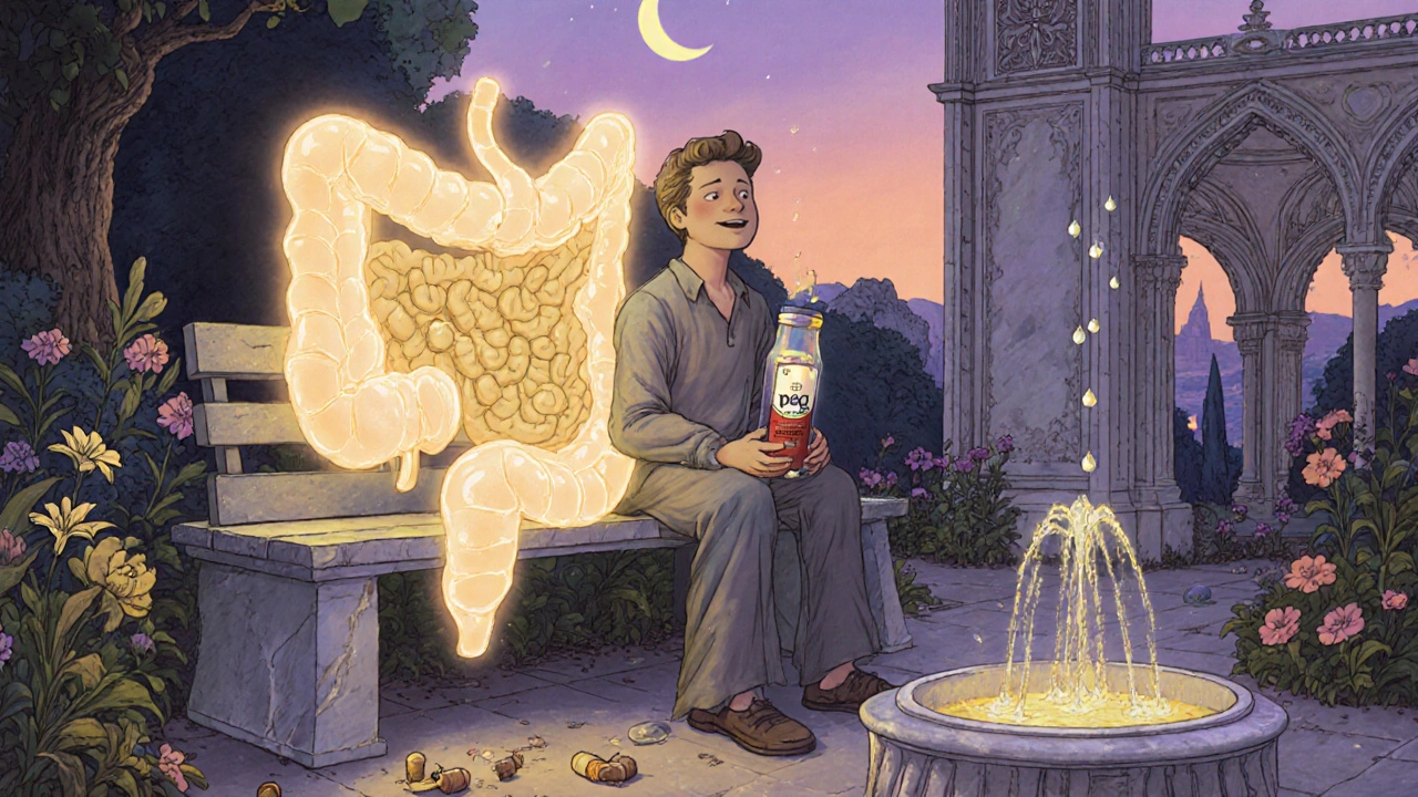 Paciente con botella de PEG 3350 y un intestino sonriente que emite luz dorada, rodeado de gotas de agua y cápsulas de fibra rotas.