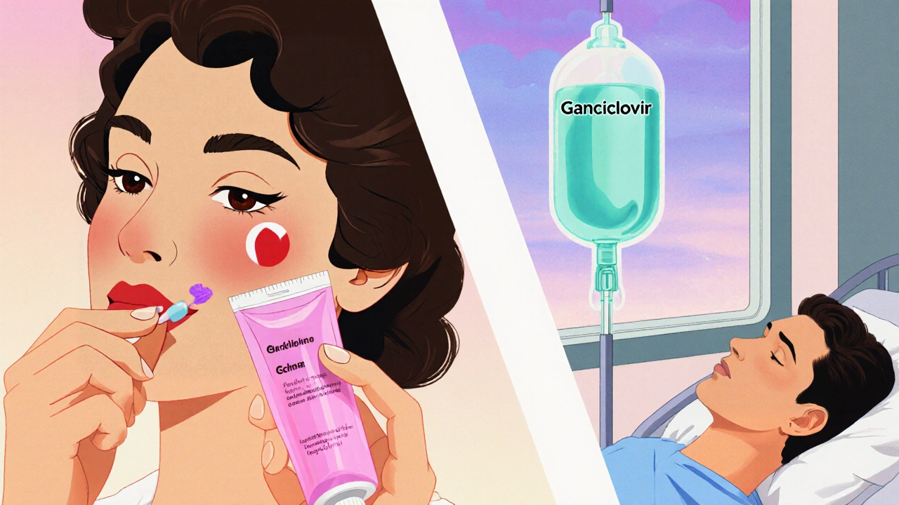 Paciente con lesión labial aplicando crema de Penciclovir mientras otro recibe ganciclovir por vía intravenosa.
