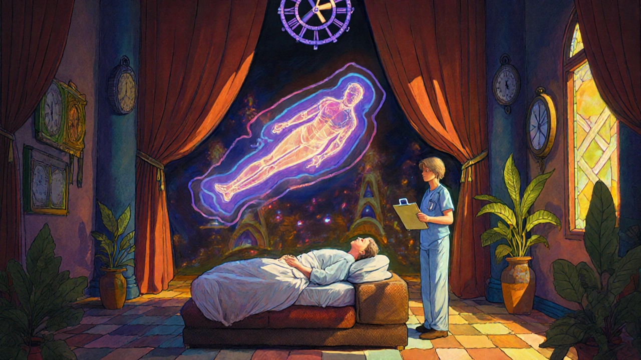 Paciente flotando suavemente mientras colores brillantes y relojes distorsionados simbolizan la disociación en un ambiente tranquilo.