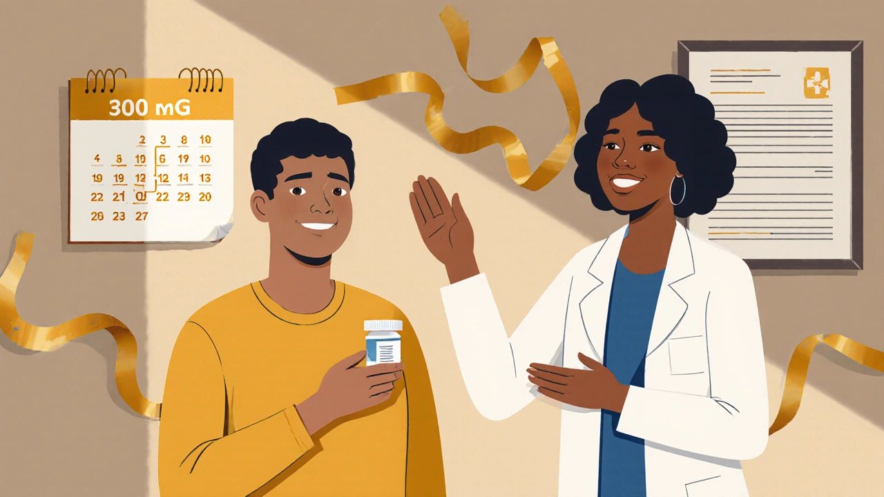 Paciente y médico sonrientes con una pastilla combinada, simbolizando vida larga y adherencia al tratamiento.