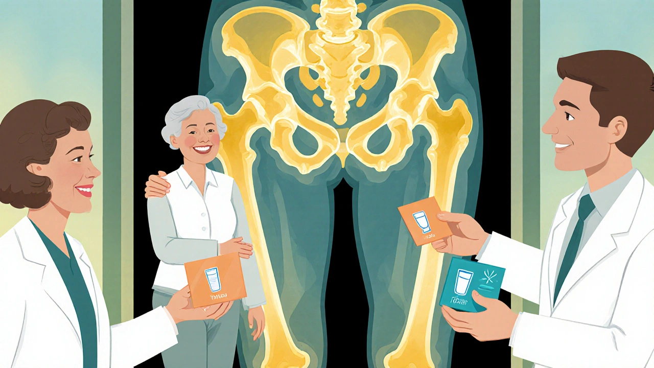 Pareja mayor feliz, hueso fuerte en radiografía y recordatorio médico.