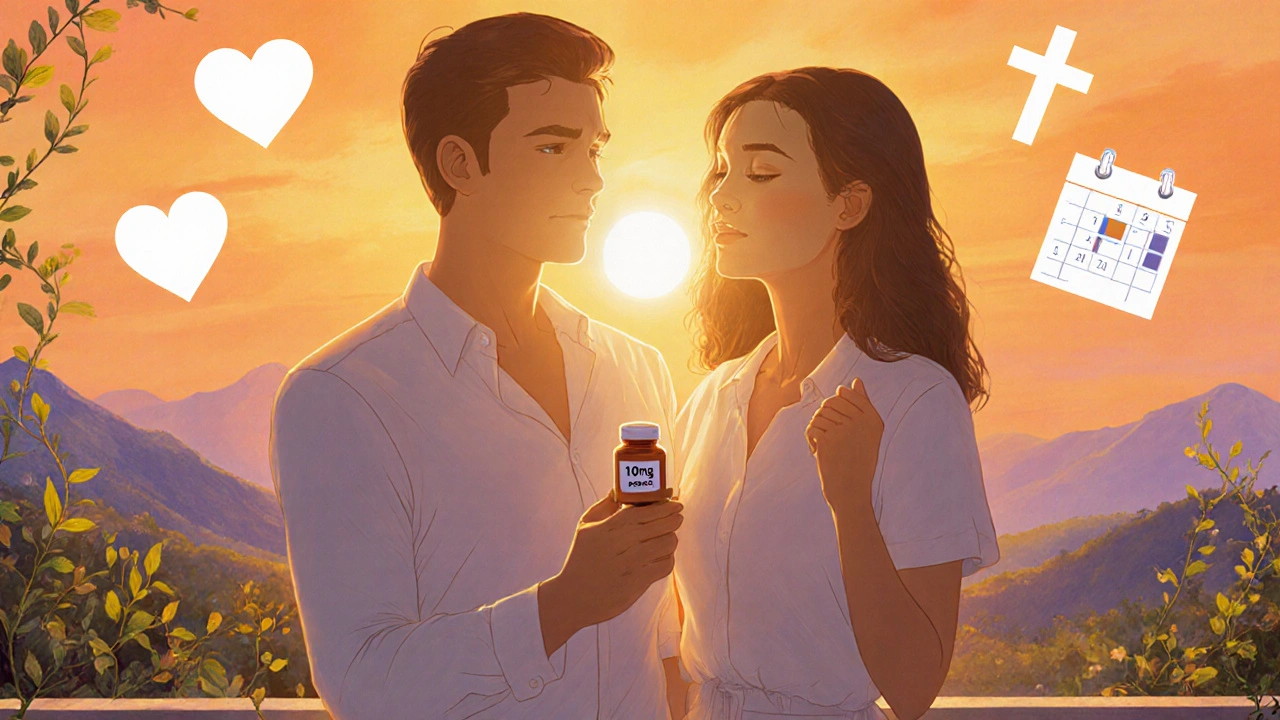 Pareja relajada al atardecer, con íconos de salud y calendario que sugieren uso del medicamento.
