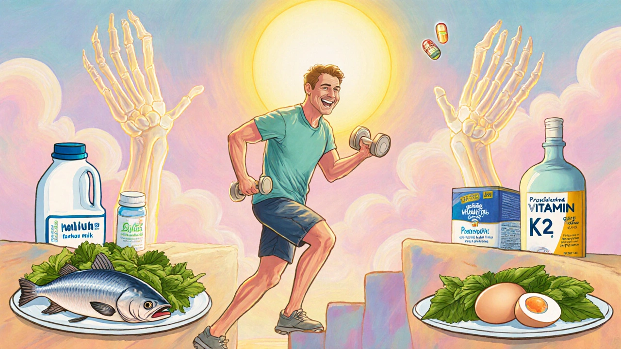 Persona activa tomando suplementos y comiendo alimentos ricos en calcio y vitamina D.