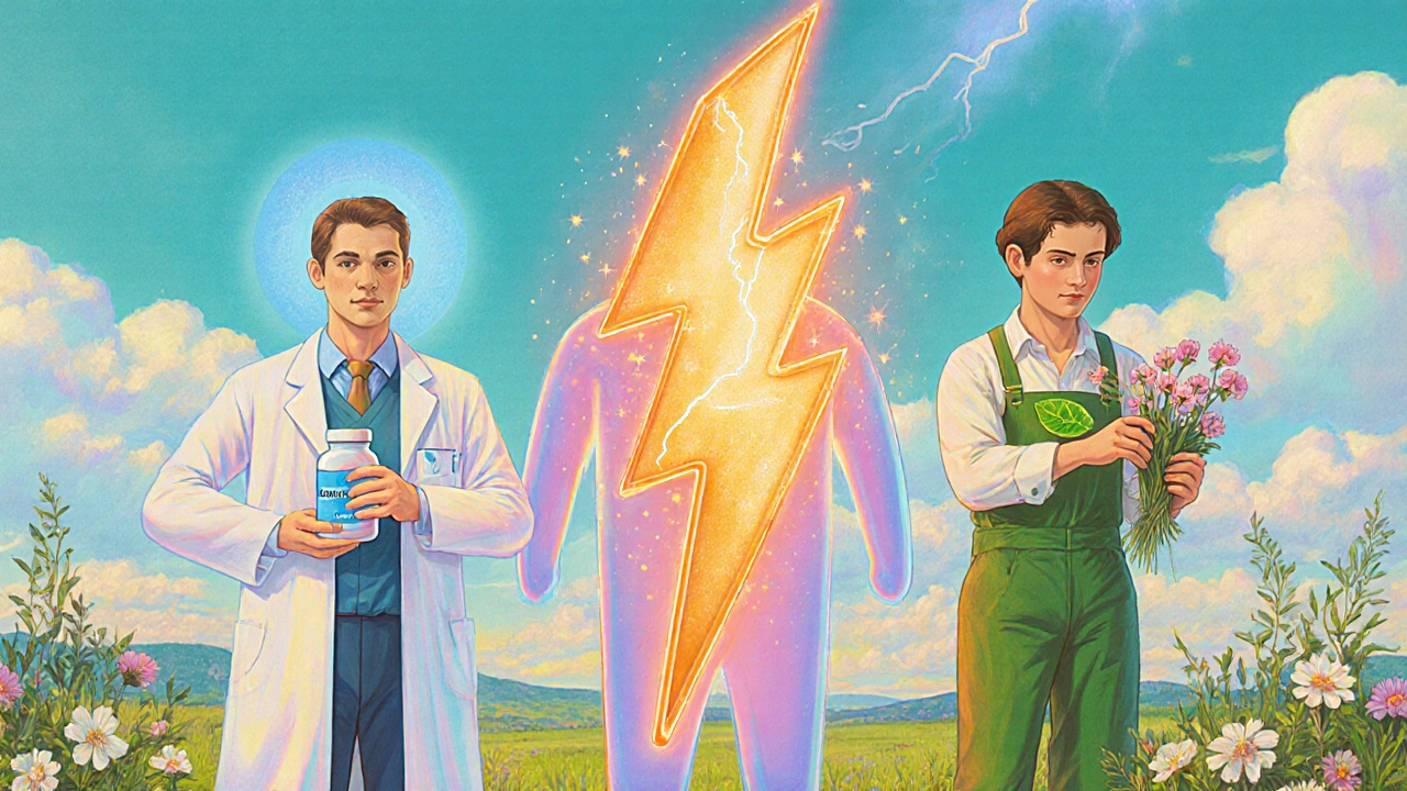 Tres personajes caricaturescos representan Primidona, benzodiacepinas e ISRS en escena comparativa.