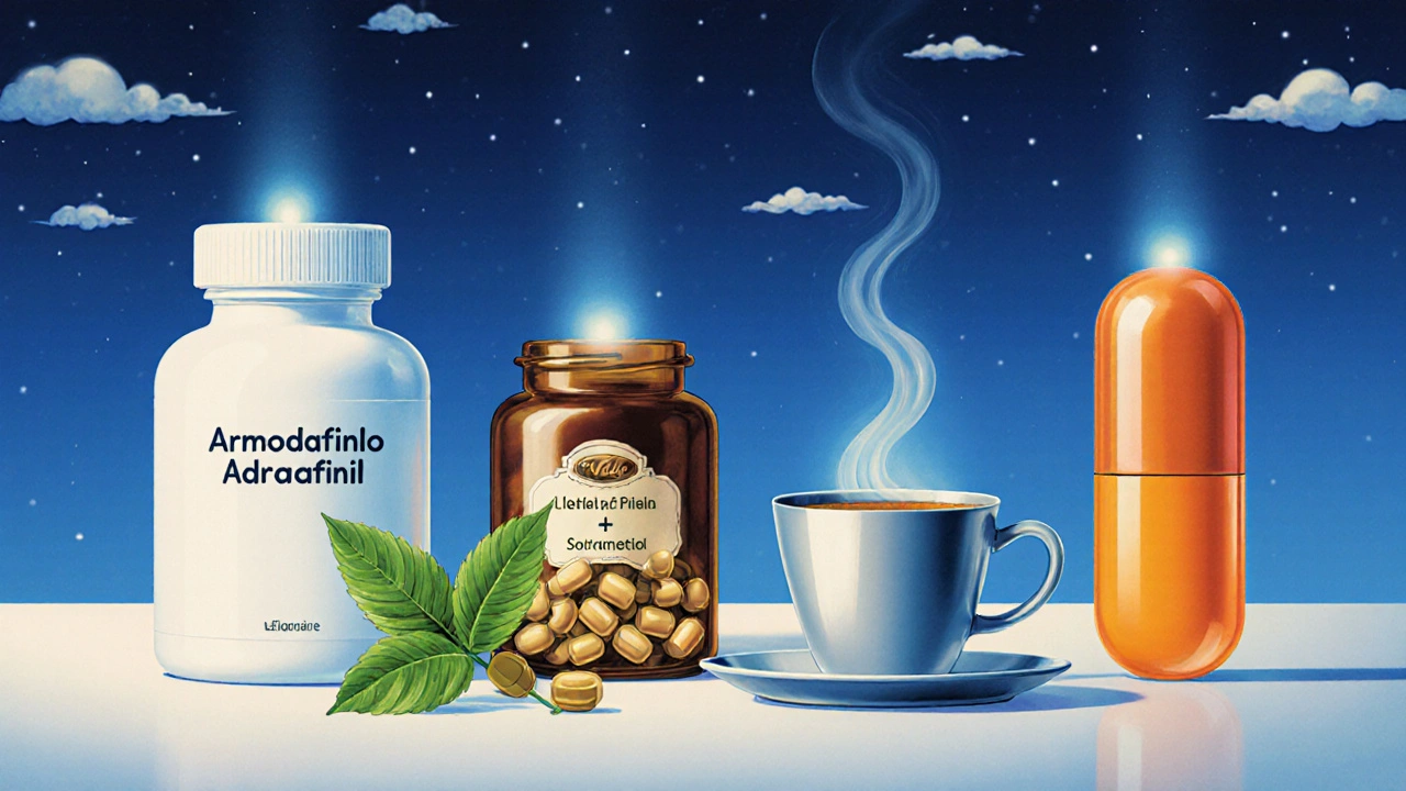 Variedad de suplementos y fármacos para la vigilia dispuestos sobre una mesa.