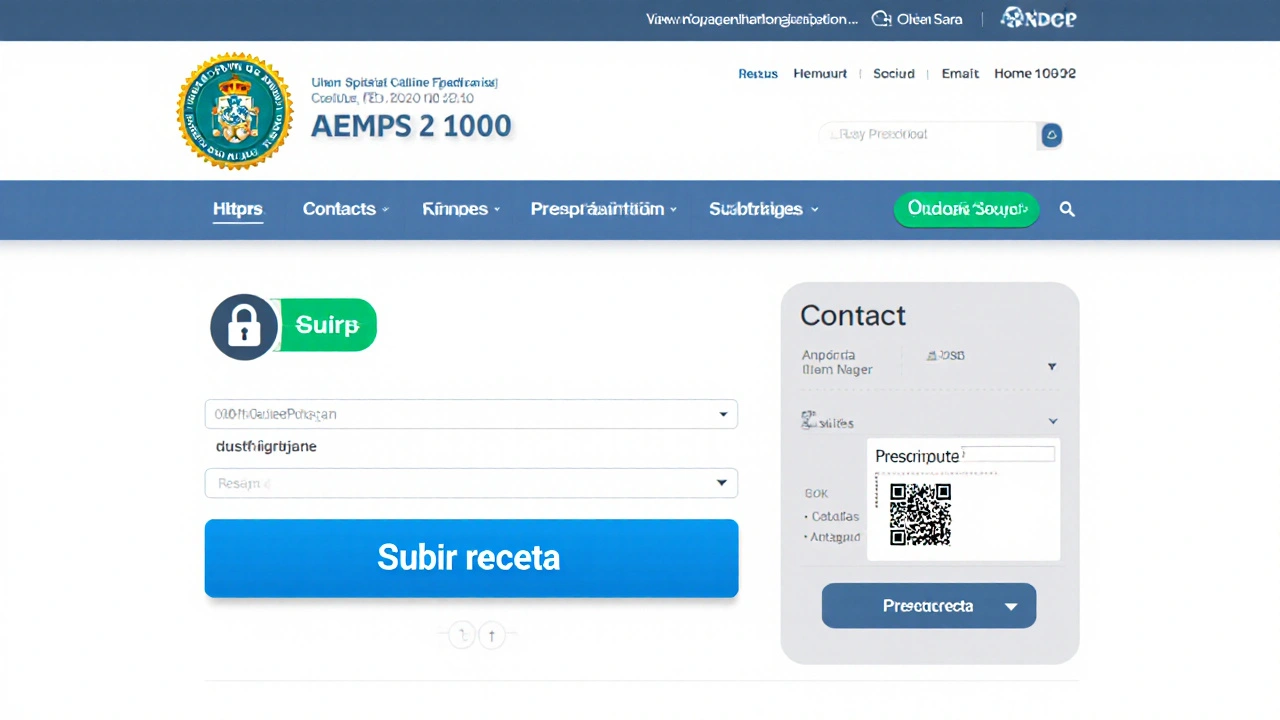 Vista de una página web de farmacia online con certificado AEMPS y formulario de receta.