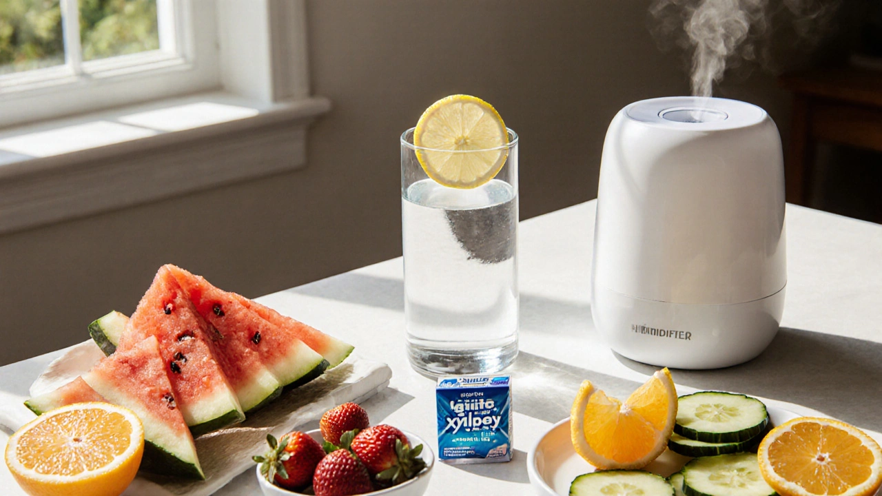 Vista superior de mesa con frutas hidratantes, vaso de agua y chicle sin azúcar.
