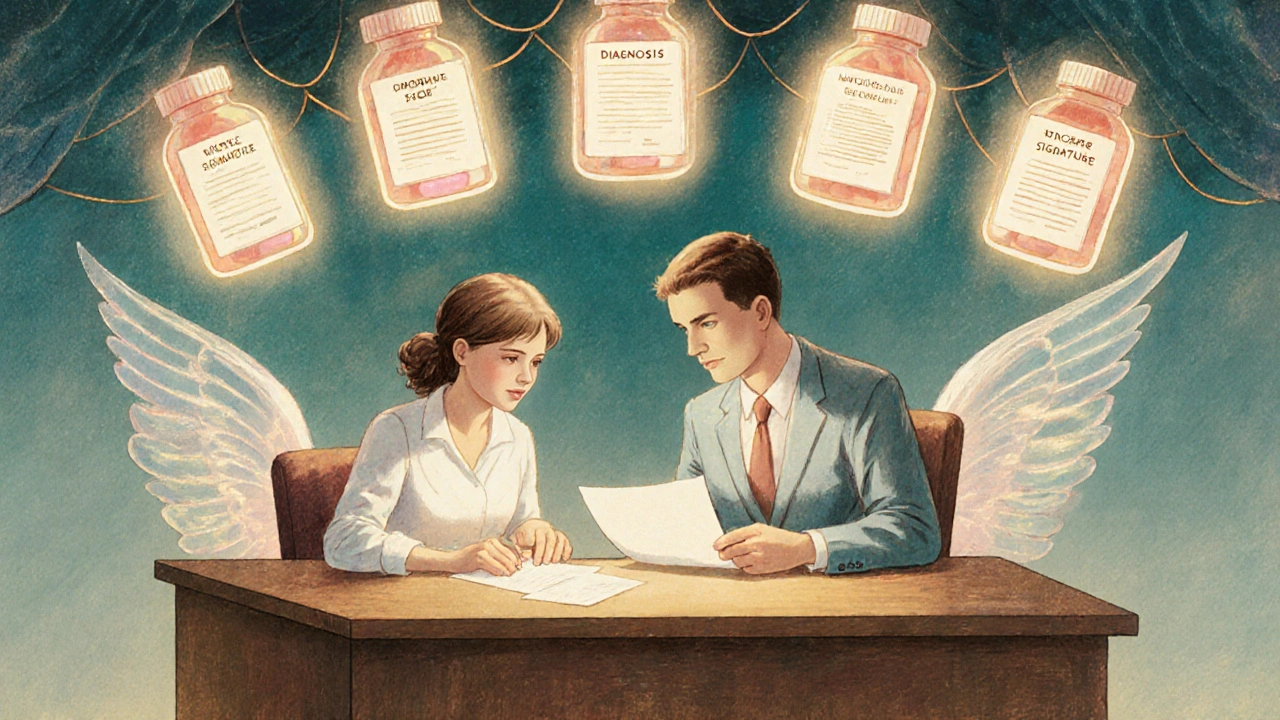 Asesor guía a un paciente entre papeles y faroles en forma de pastillas, con luz cálida y alas simbólicas.