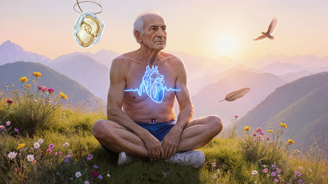 Atleta anciano con corazón lento y marcapasos flotante, rodeado de flores y luz matutina.