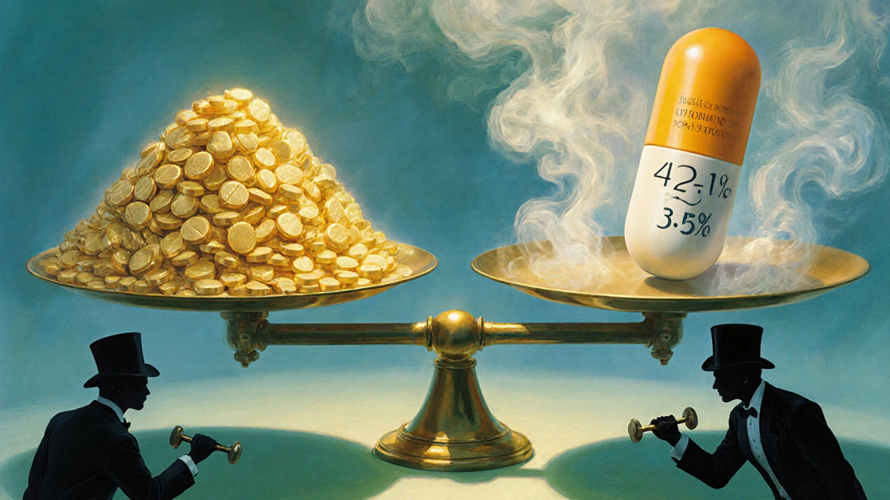 Balanza simbólica entre medicamentos genéricos y de marca con márgenes de ganancia contrastantes.