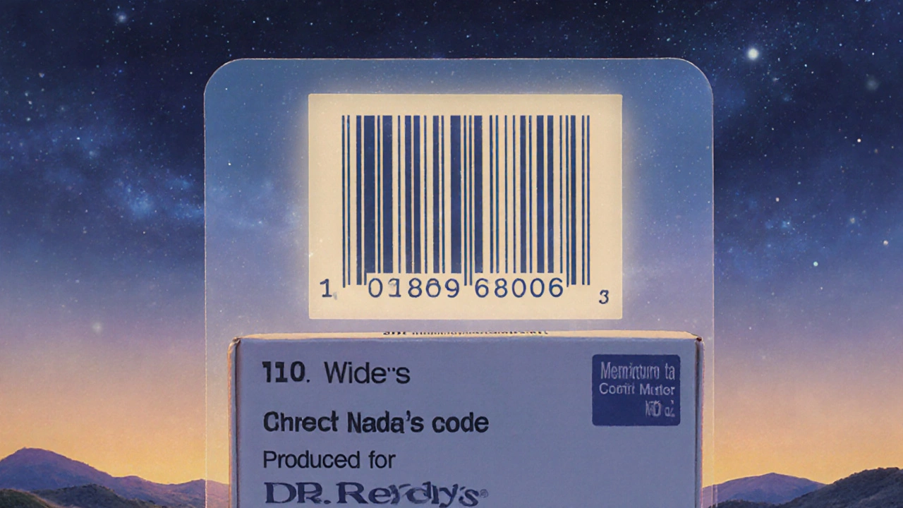 Caja de medicamento genérico autorizado con código NDC iluminado, sin logotipos, sobre fondo crepuscular.