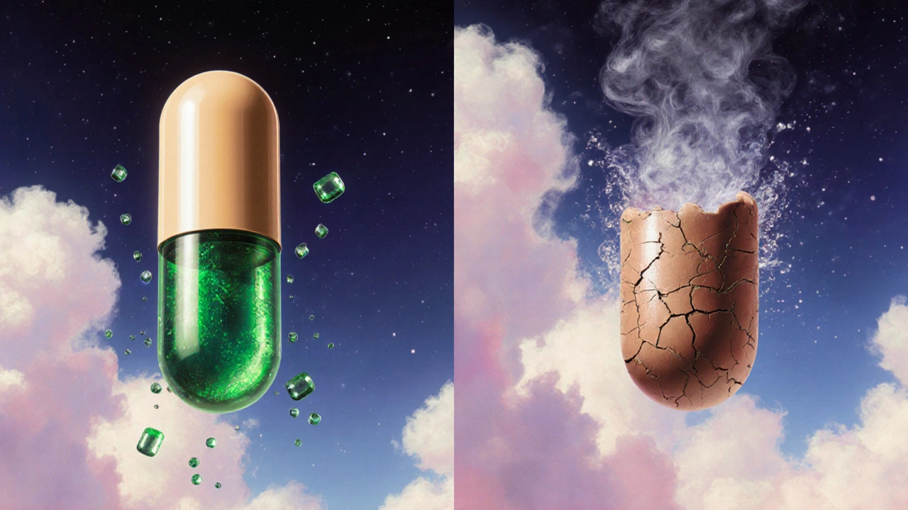 Cápsula de receta que libera enzimas en el intestino frente a una cápsula OTC que se desintegra en el estómago.