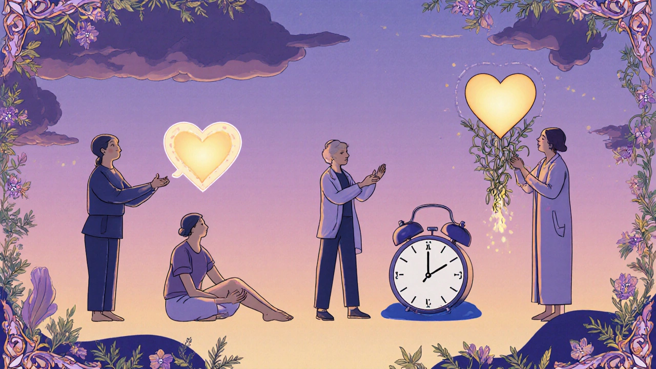 Círculo de curación bajo un cielo crepuscular con terapeutas guiando ejercicios de respiración y movimiento suave.