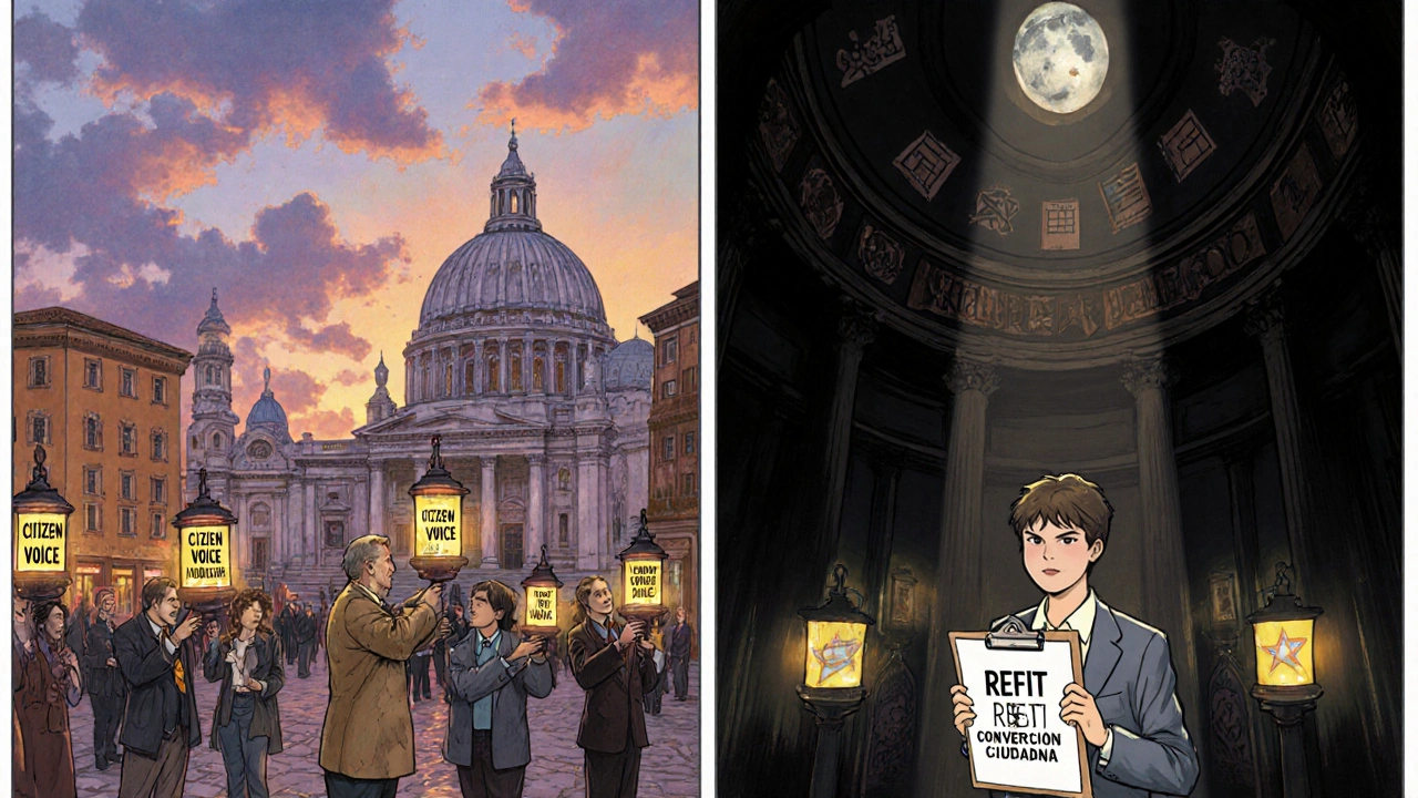 Ciudadanos iluminan la oscuridad con linternas de transparencia mientras un regulador joven recibe luz de esperanza.