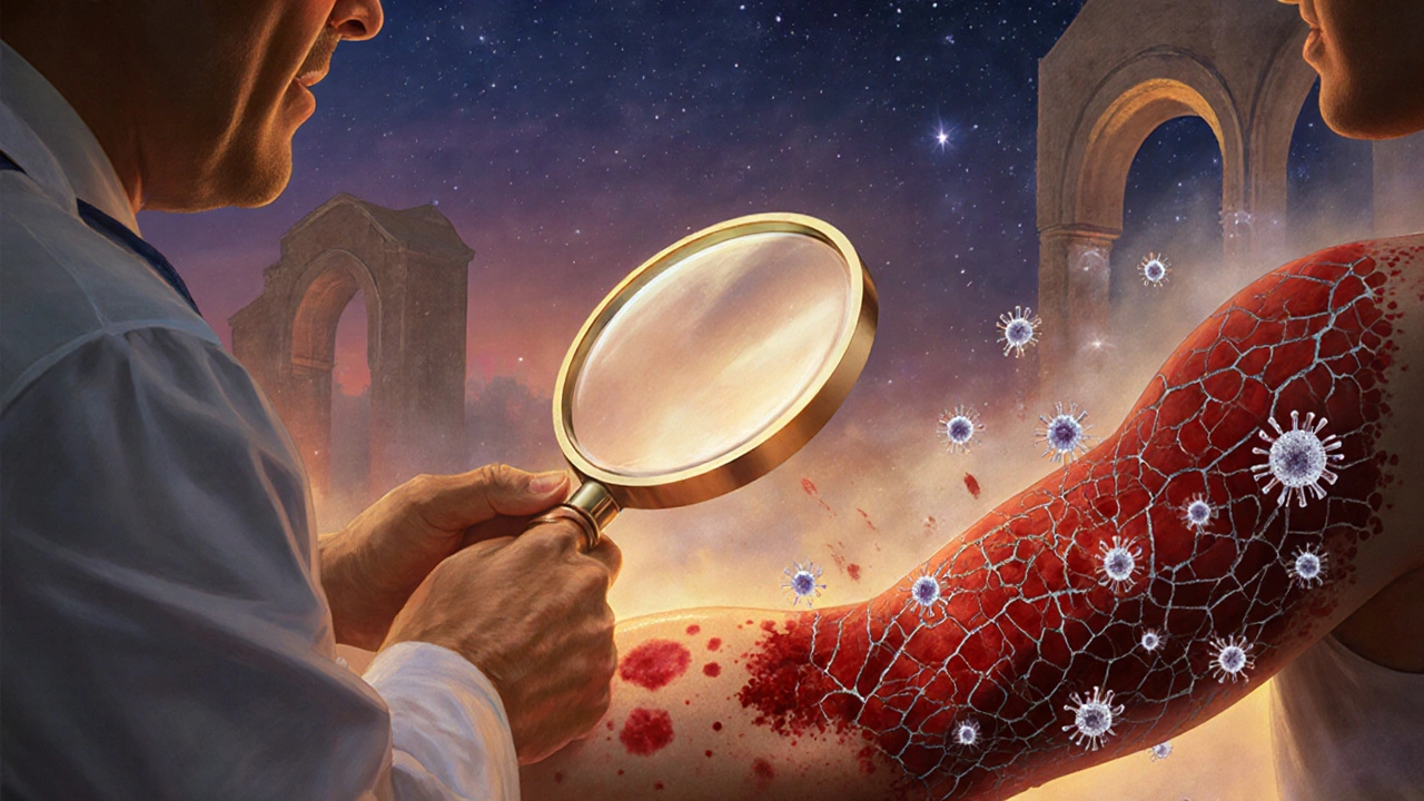 Consulta médica al atardecer con piel que muestra reacciones Tipo A y Tipo B, iluminada por luz celestial y sombras dramáticas.