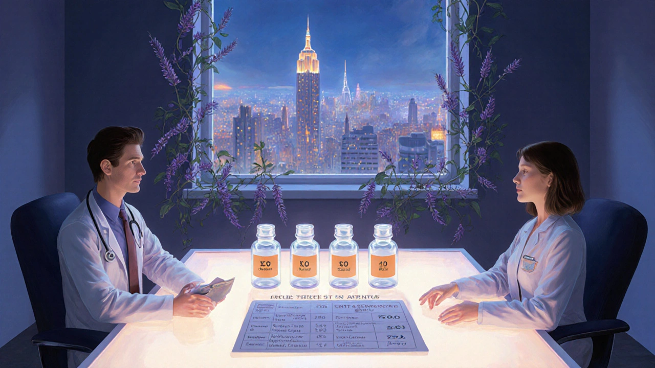 Consulta médica en una sala con un cerebro luminoso y botellas de medicamentos flotantes, rodeado de plantas y luz suave.