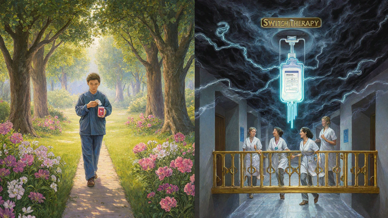 Diptych: jardín tranquilo y hospital urgente conectados por terapia de cambio.