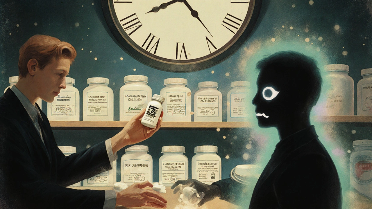 Farmacéutico entrega un medicamento genérico con logotipo desconocido, mientras símbolos ocultos flotan en el aire como preocupaciones invisibles.