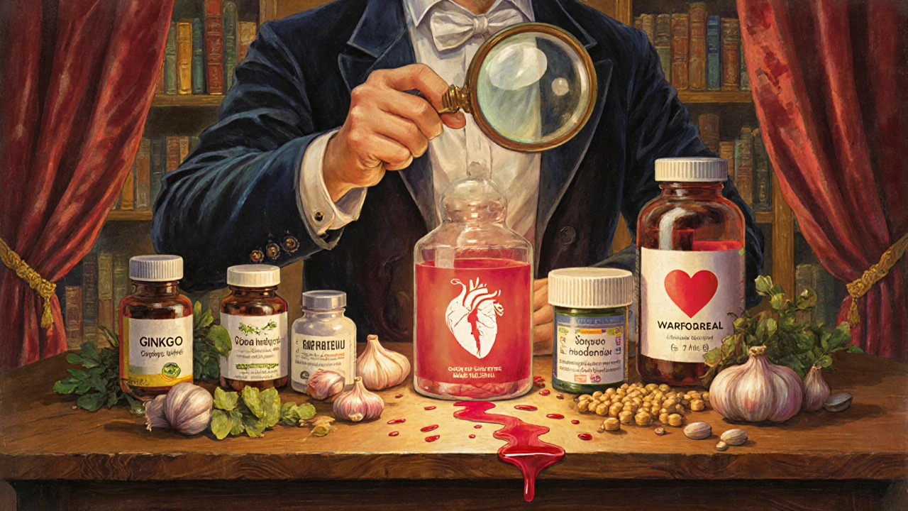 Farmacéutico examina suplementos herbales junto a una botella de warfarina con gotas de sangre.