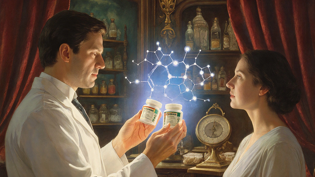 Farmacéutico muestra dos envases de medicamento a un paciente, con estructuras moleculares idénticas flotando entre ellos.