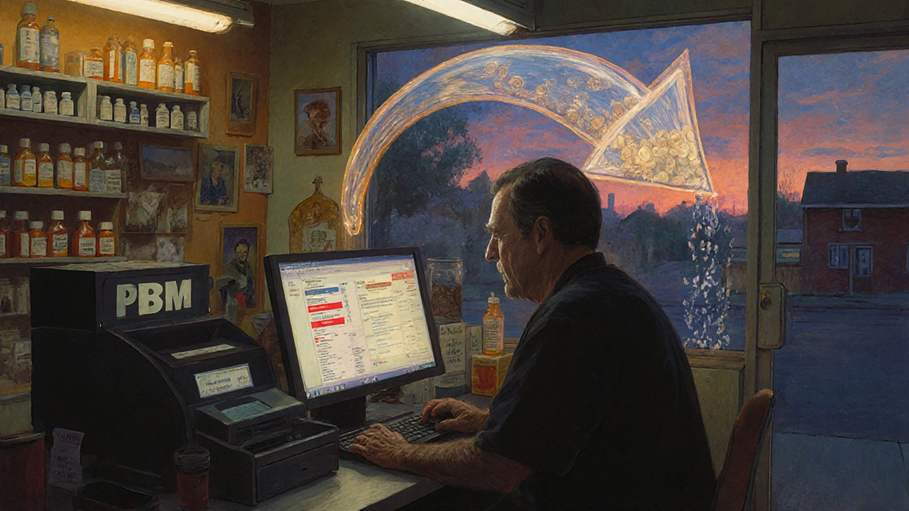 Farmacia independiente bajo presión de un PBM que drena sus ingresos al atardecer.