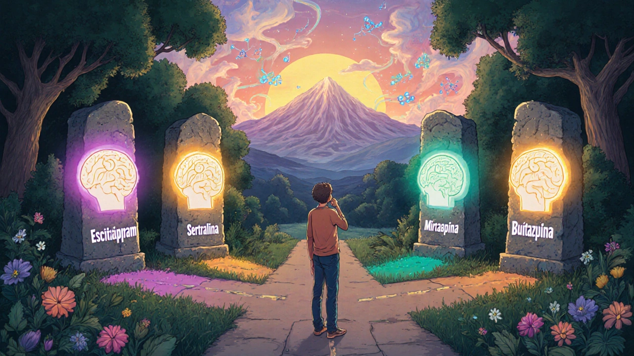 Figura en un cruce mágico con caminos iluminados representando diferentes antidepresivos, bajo un sol naciente en forma de cerebro.