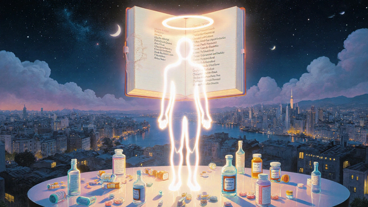 Figura humana rodeada de medicamentos que se disuelven, mientras un cuaderno brillante emite una luz protectora.