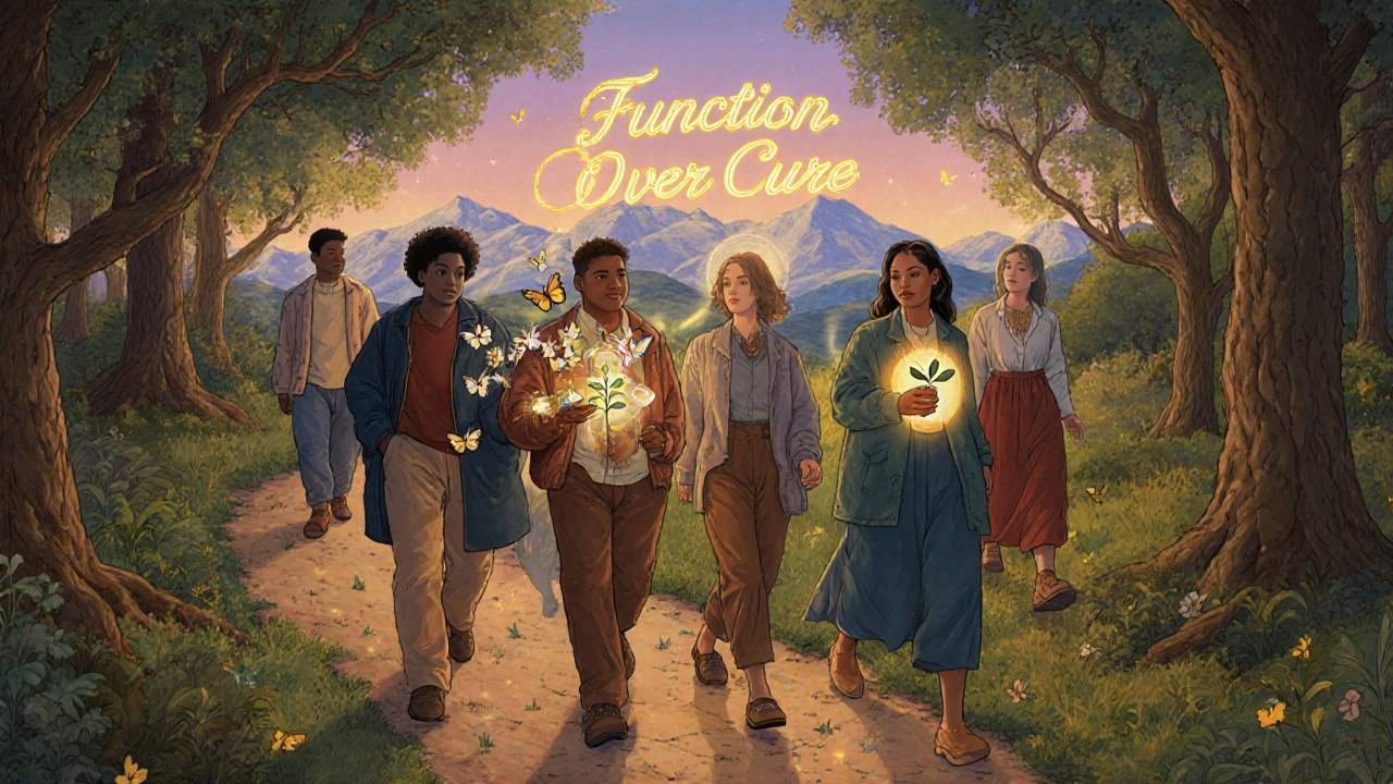 Grupo caminando por un bosque mágico donde cada paso libera luz, mientras un frasco de píldoras se convierte en mariposas.