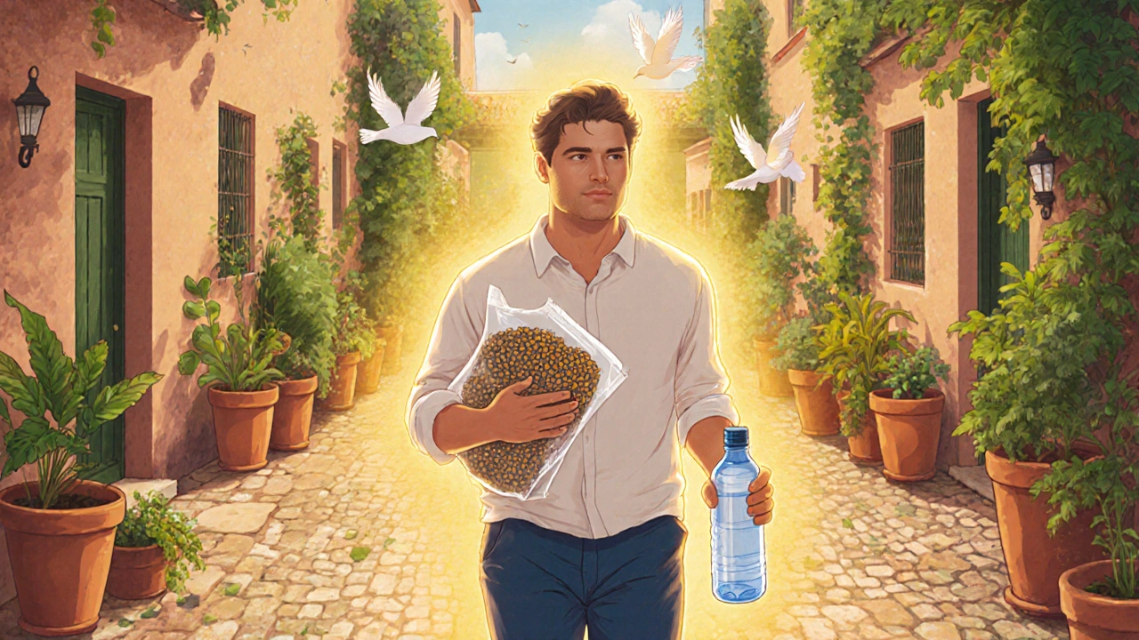 Hombre caminando despacio en un patio español después de comer, llevando lentejas y una botella de agua.
